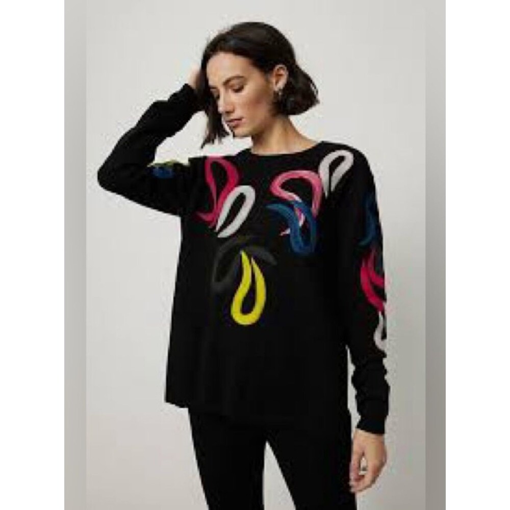 Joseph Ribkoff Black Embroidered Swirl Holiday Festive Cozy Comfy Sweater L - Picture 3 of 8